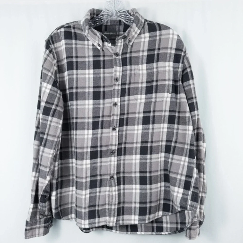 Eddie Bauer Mens Everyday Flex Flannel Plaid Button Down Shirt Large Gray Cotton